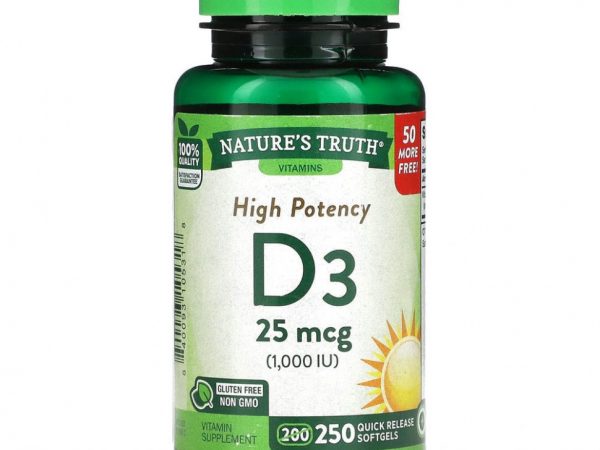 Nature's Truth, Высокоэффективный витамин D3, 25 мкг (1000 МЕ), 250 мягких таблеток быстрого высвобождения