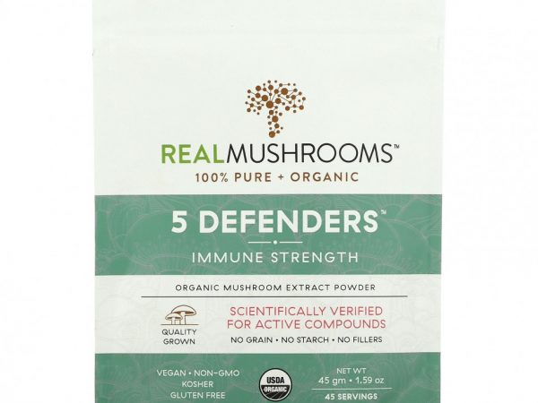 Real Mushrooms, Organic, 5 Defenders, укрепление иммунитета, 45 г (1,59 унции)