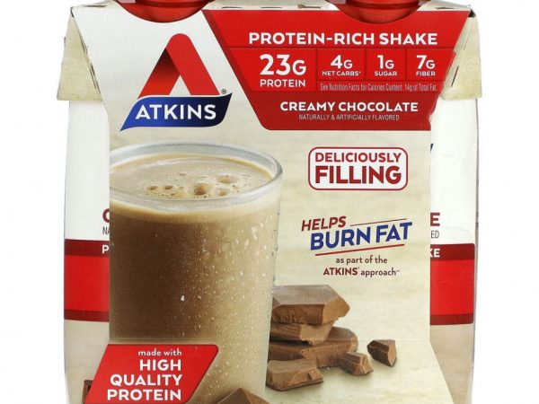 Atkins, Насыщенный протеином коктейль, сливочный шоколад, 4 коктейля, 500 мл (16,9 жидк. Унции)