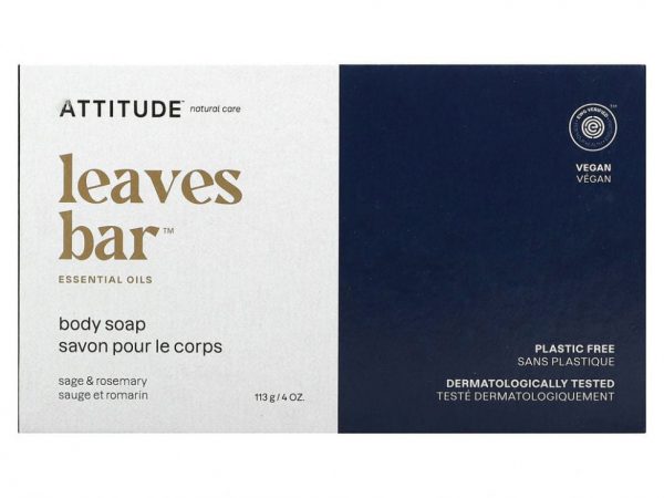 ATTITUDE, Leaves Bar, мыло для тела, шалфей и розмарин, 113 г (4 унции)