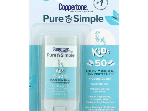 Coppertone, Pure & Simple, Kids, солнцезащитный стик для детей, SPF 50, какао-масло, 13,9 г (0,49 унции)