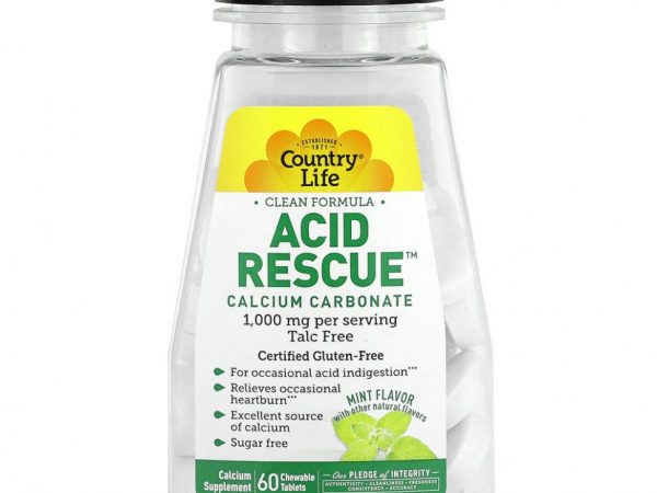 Country Life, Acid Rescue, карбонат кальция, мята, 500 мг, 60 жевательных таблеток