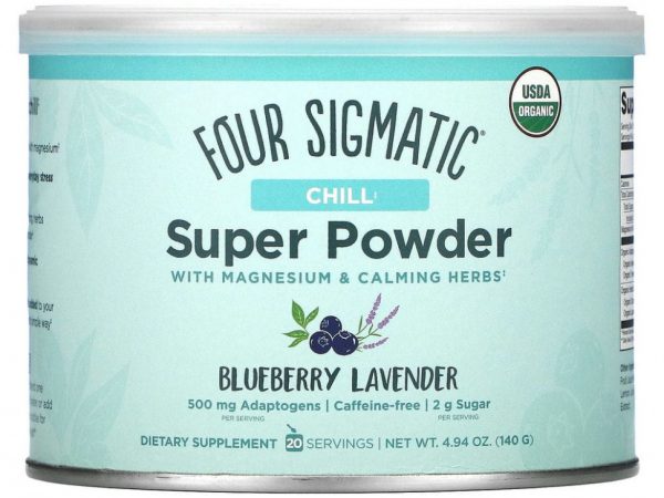 Four Sigmatic, Chill Super Powder с магнием и успокаивающими травами, голубика и лаванда, 140 г (4,94 унции)