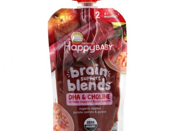 Happy Family Organics, Happy Baby, смеси для поддержки мозга, от 6 месяцев, органические яблоки, фиолетовая морковь и гуава, 113 г (4 унции)