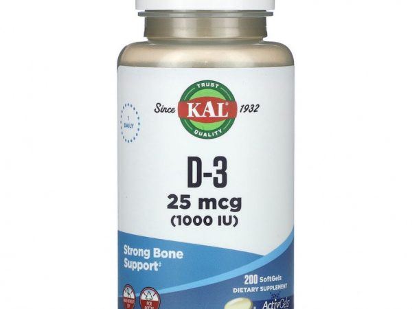 KAL, D-3, 25 мкг (1000 МЕ), 200 мягких таблеток