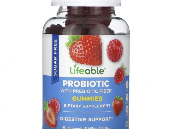 Lifeable, Пробиотик с пребиотической клетчаткой, жевательные мармеладки, ягодные, без сахара, 2,5 млрд КОЕ, 60 жевательных таблеток