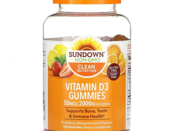 Sundown Naturals, Витамин D3, жевательные мармеладки, клубника, апельсин и лимон, 25 мкг (1000 МЕ), 150 жевательных таблеток