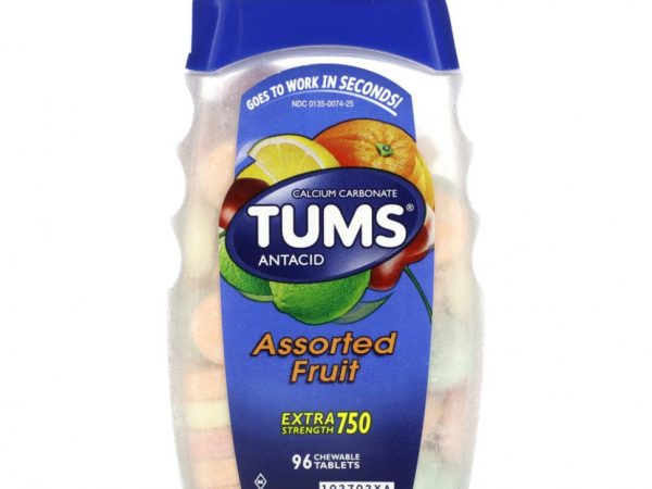 Tums, Антацид, дополнительная сила действия, фруктовое ассорти, 96 жевательных таблеток