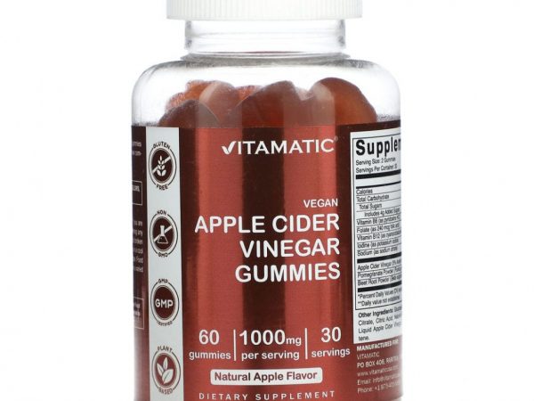 Vitamatic, Веганский яблочный уксус, натуральное яблоко, 500 мг, 60 жевательных мармеладок