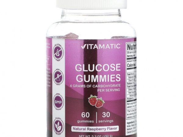 Vitamatic, Жевательные мармеладки с глюкозой, натуральная малина, 60 жевательных мармеладок, 150 г (5,3 унции)