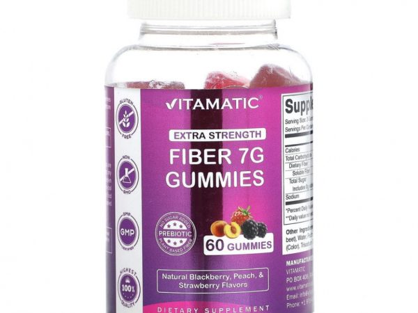Vitamatic, Жевательные мармеладки с клетчаткой, усиленная сила действия, натуральная ежевика, персик и клубника, 2,3 г, 60 жевательных таблеток