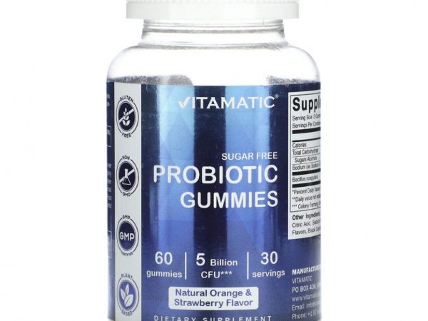 Vitamatic, Жевательные мармеладки с пробиотиками, без сахара, натуральный апельсин и клубника, 2,5 млрд КОЕ, 60 жевательных таблеток
