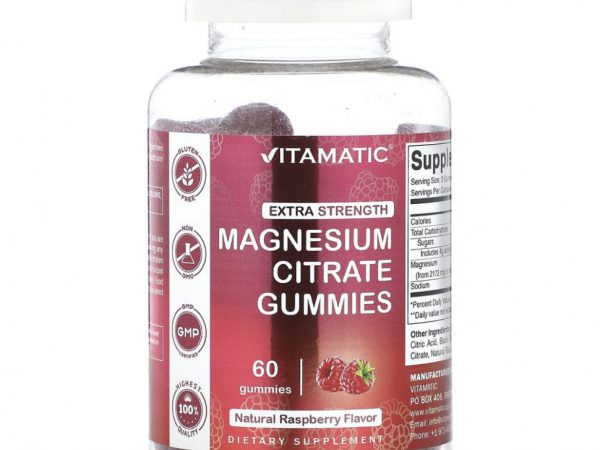 Vitamatic, Жевательные мармеладки с цитратом магния, усиленная сила, натуральная малина, 60 жевательных таблеток