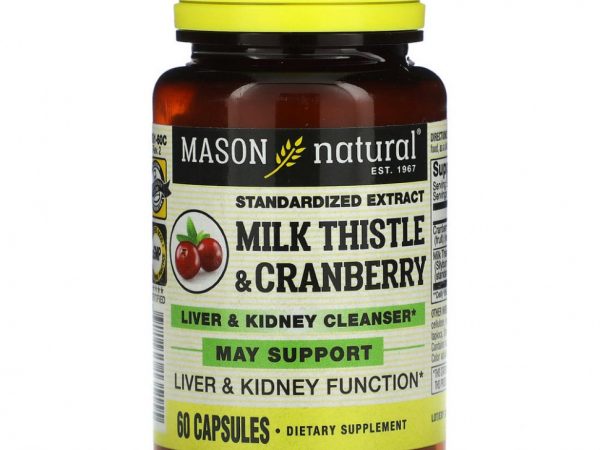 Mason Natural, стандартизованный экстракт расторопши и клюквы, средство для очищения печени и почек, 60 капсул