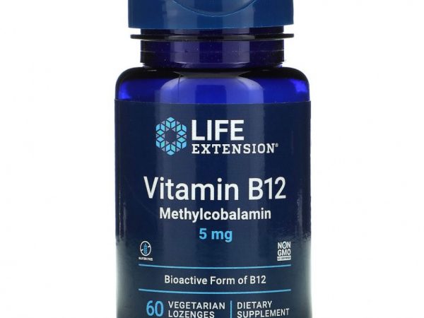 Life Extension, витамин B12, метилкобаламин, 5 мг, 60 вегетарианских леденцов