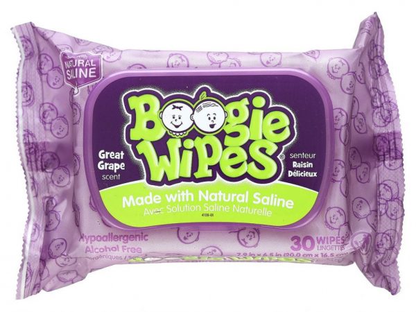 Boogie Wipes, Салфетки с натуральной солью для текущего носа, отличный виноградный запах, 30 салфеток