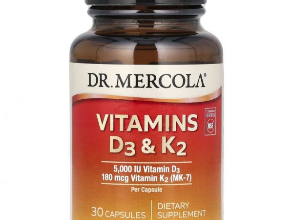 Dr. Mercola, витамины D3 и K2, 30 капсул