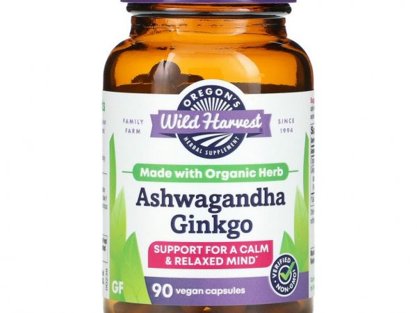 Oregon's Wild Harvest, Ашваганда и гинкго, 90 желатиновых капсул