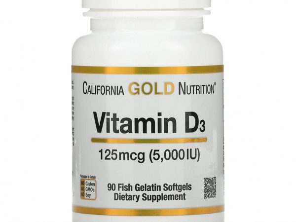 California Gold Nutrition, витамин D3, 125 мкг (5000 МЕ), 90 капсул из рыбьего желатина