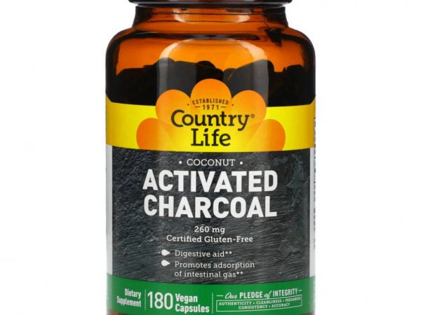 Country Life, Активированный уголь, 260 мг, 180 веганских капсул