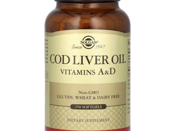 Solgar, масло печени трески, витамины A и D, 250 капсул