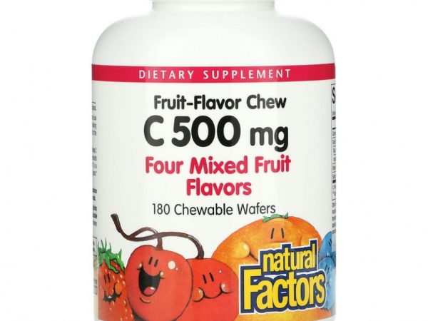 Natural Factors, 100% натуральный фруктовый витамин C для жевания, четыре фруктовых вкуса, 500 мг, 180 жевательных вафель