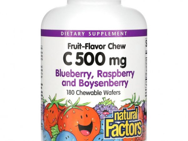 Natural Factors, на 100% натуральный фруктовый витамин C, со вкусом голубики, малины и бойзеновой ягоды, 500 мг, 180 жевательных таблеток