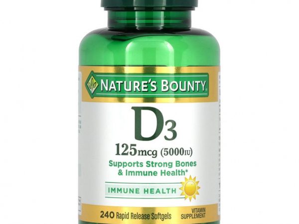 Nature's Bounty, Витамин D3, 125 мкг (5000 МЕ), 240 мягких желатиновых капсул с быстрым высвобождением действующего вещества