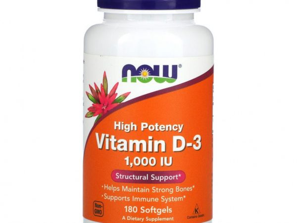 NOW Foods, витамин D3, высокоактивный, 1000 МЕ, 180 мягких таблеток