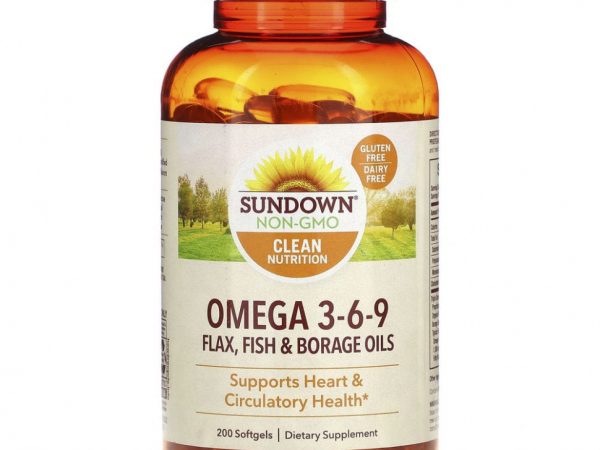Sundown Naturals, омега 3-6-9, масла льна и бурачника и рыбий жир, 200 мягких таблеток