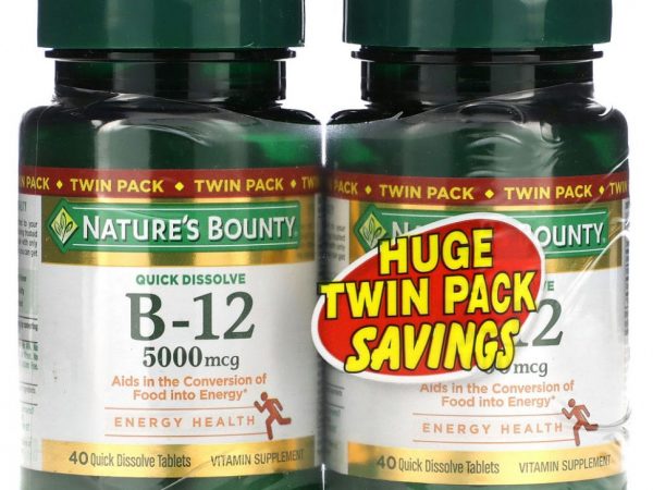 Nature's Bounty, Витамин B12, Twin Pack, натуральный вишневый вкус, 5000 мкг, 40 быстрорастворимых таблеток