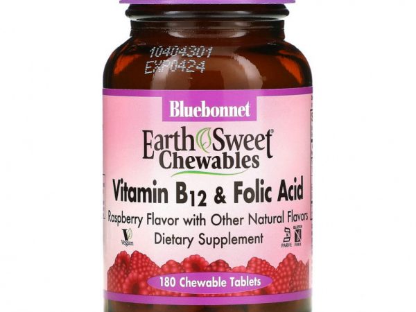 Bluebonnet Nutrition, EarthSweet, витамин B-12 и фолиевая кислота, натуральный малиновый ароматизатор, 180 жевательных таблеток