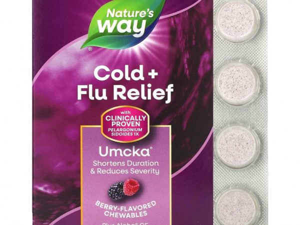 Nature's Way, Umcka, средство от простуды и гриппа, ягодный вкус, 20 жевательных таблеток