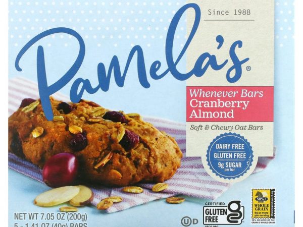 Pamela's Products, Wheever Bars, овсяные батончики с клюквой и миндалем, 5 батончиков по 40 г (1,41 унции)