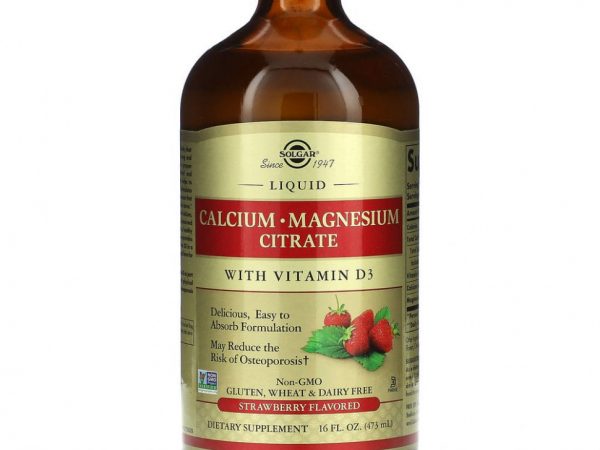 Solgar, цитрат кальция и магния, с витамином D3, в жидкой форме, вкус натуральной клубники, 473 мл (16 жидк. унций)