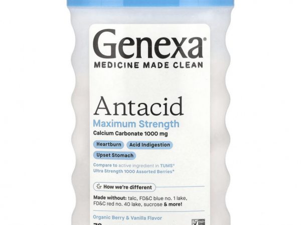 Genexa, антацид максимальной силы, органические ягоды и ваниль, 1000 мг, 72 жевательные таблетки