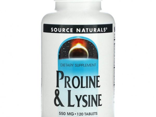 Source Naturals, L-пролин и L-лизин, 550 мг, 120 таблеток