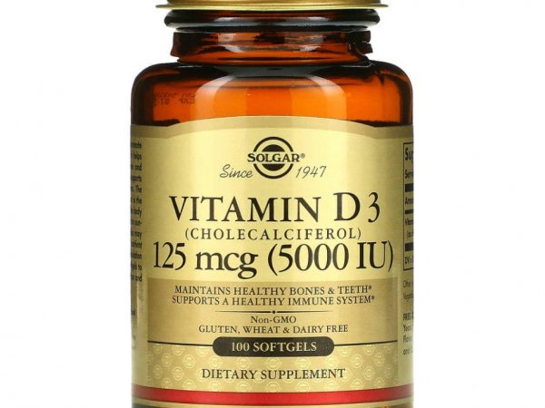 Solgar, витамин D3 (холекальциферол), 125 мкг (5000 МЕ), 100 капсул