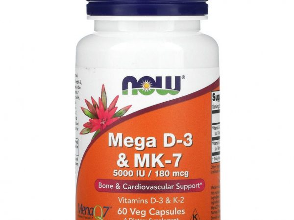 NOW Foods, мега D3 и MK-7, 180 мкг (5000 МЕ), 60 растительных капсул