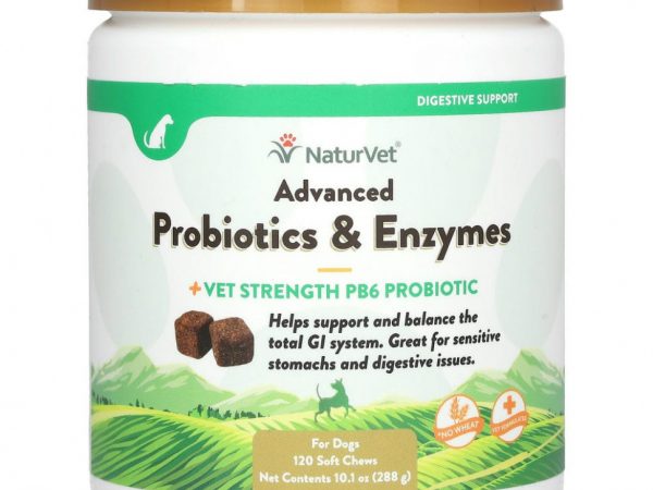NaturVet, Улучшенные пробиотики и ферменты, а также пробиотик Vet Strength PB6 для собак, 120 жевательных таблеток