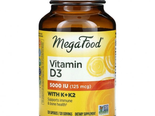 MegaFood, витамин D3 с витаминами K и K2, 5000 МЕ (125 мкг), 120 капсул