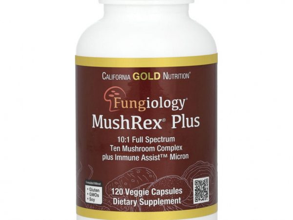 California Gold Nutrition, Fungiology, MushRex Plus, Immune Assist Micron, комплекс грибов полного спектра, сертифицированный органический продукт, 120 растительных капсул