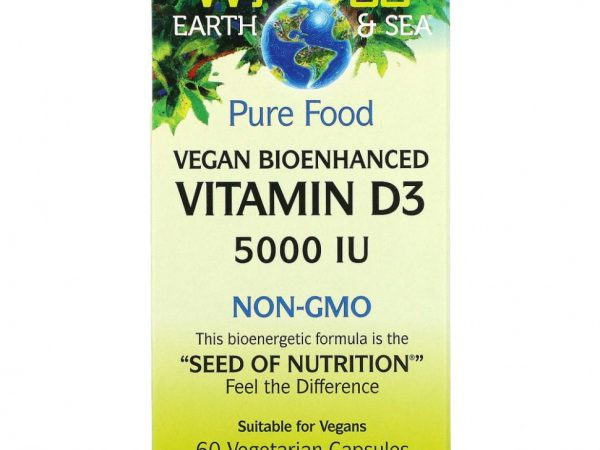 Natural Factors, Whole Earth & Sea, Веганский биоусиленный витамин D3, 5000 МЕ, 60 вегетарианских капсул
