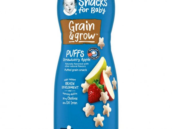 Gerber, Puffs, злаковые подушечки, для малышей от 8 месяцев, клубника и яблоко, 42 г (1,48 унции)