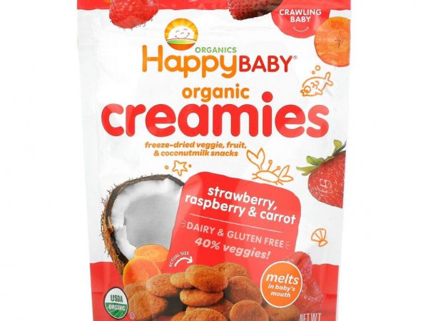 Happy Family Organics, Organic Creamies, снеки из сублимированных овощей, фруктов и кокосового молока, клубника, малина и морковь, 28 г (1 унция)