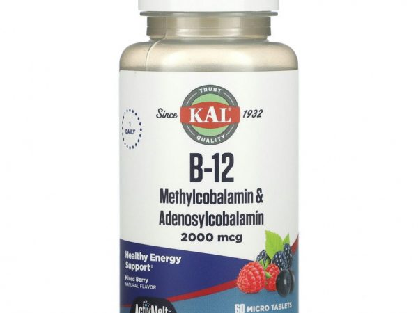 KAL, витамин B-12 (в виде метилкобаламина и аденосилкобаламина), с ягодным вкусом, 2000 мкг, 60 мини-таблеток