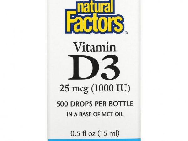 Natural Factors, Витамин D3 в каплях, без ароматизаторов, 25 мкг (1000 МЕ), 15 мл (0,5 жидкой унции)