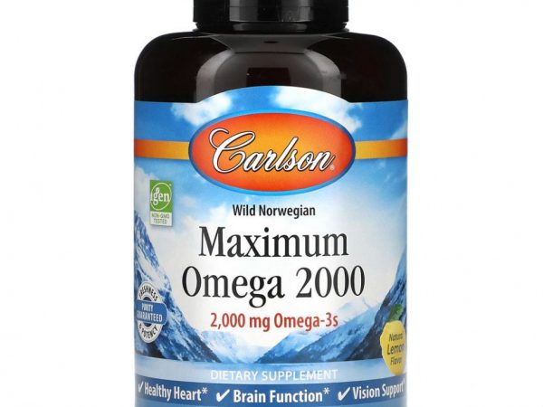 Carlson Labs, Максимум Омега 2000, Натуральный вкус лимона, 1,000 мг, 90 мягких таблетки