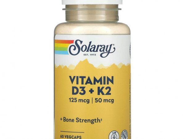 Solaray, витамины D3 и K2, без сои, 60 растительных капсул