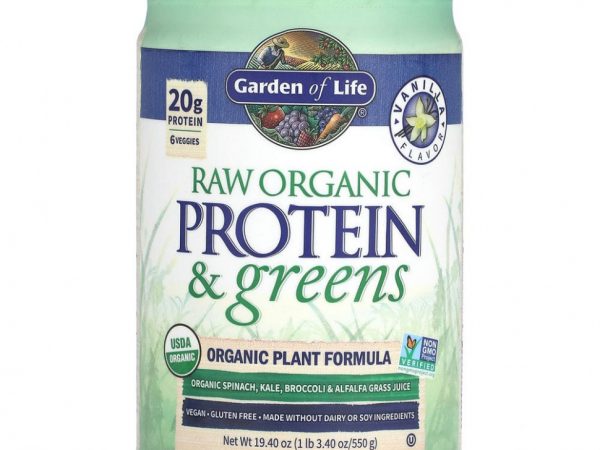 Garden of Life, RAW Protein & Greens, формула с органическими растениями, ваниль, 550 г (19,40 унции)